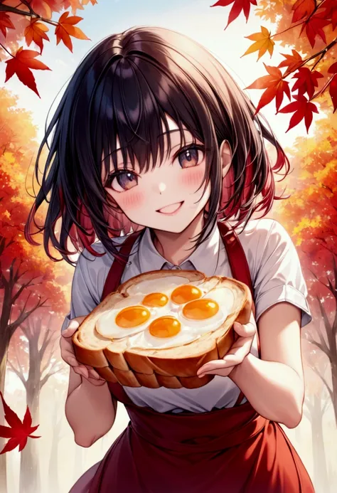 beautiful woman with semi-long black hair wearing an apron holding out a slice of bread with both hands･haruna, lovely, dazzling...