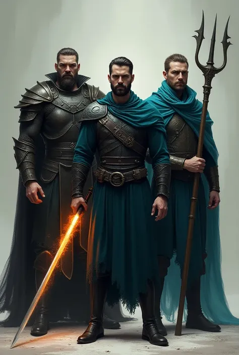 Portrait image of three male figures standing side by side: one Clad in dark armour, holding a burning sword, another standing confidently, dressed in oceanic blue-green tones, holding a trident and another  standing slightly forward, with a shadowed face