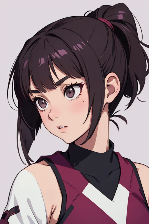 teenage girl in haikyuu,17 años   , sister of the Miyas , some musculature , grey eyes , cejas pobladas, short shoulder-length hair dark brown with purple highlights, dressed in volleyball uniform  ( color burgundy and black, con el numero 9  ) seria , con...