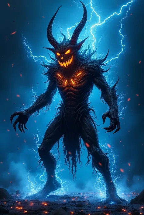 Halloween，jack-o-lantern monster，ghost, detailed umbra element, humanoid monster, Devil Horns, exuding perfect bright blue energy, Confetti，Weave intricate patterns with colored nebulae， legs crackle with countless cosmic lightning 。Dead Tree， Dramatic Con...