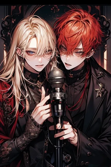 masterpiece, best quality, ultra detailed、 perfect face、Beautiful Face、Very detailed depiction、 young men in their 20s 、Two young men 、Blonde、Red Hair、 visual fashion、 gothic fashion 、 live house with microphone、Stand microphone