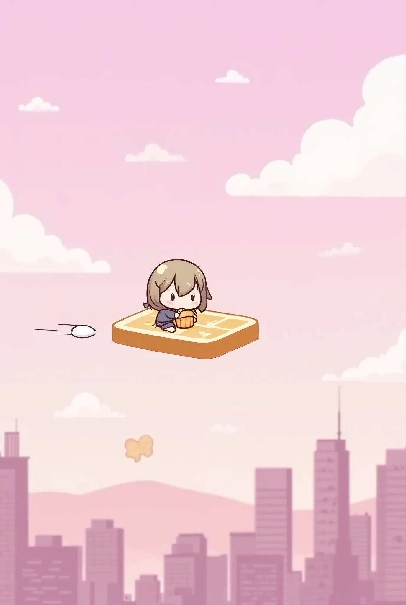 masterpiece, best quality, ultra-detailed, minimal object, chibi, Low Fidelity (lofi) art style, pastel pink and purple tones. A chibi commuter flies through the sky on top of a single slice of bread, using a small croissant as a steering wheel. The scene is peaceful as they drift through a pastel-colored cityscape, with other commuters flying past on various bread-based vehicles like toasts and bagels. The buildings in the distance are softly outlined, and the sky is a gentle gradient of pink and purple. The absurdity of using a slice of bread as a form of transportation is humorously contrasted with the calm, peaceful mood of a typical Lofi city commute.
