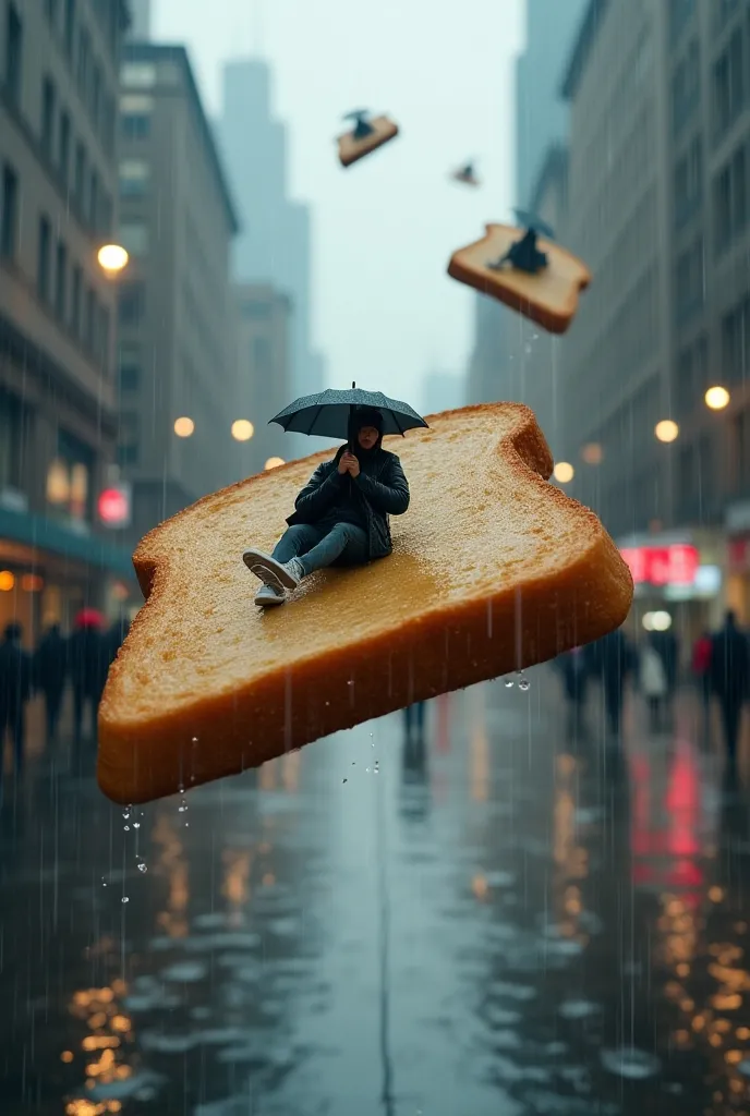 masterpiece, best quality, ultra-detailed, hyper-realistic, A rainy morning in the city, with commuters flying through the air on their slices of bread, trying to shield themselves from the downpour. The slices of bread are soaked, with water dripping off the soft edges, and the commuters are huddled under small umbrellas or raincoats. The rain splashes against the wet streets below, creating reflections of the bread slices and commuters in the puddles. The sky is gray and overcast, and the scene is illuminated by the soft glow of city lights reflecting off the wet surfaces. A realistic depiction of a rainy commute, combined with the absurdity of slices of bread as transportation, makes the scene feel both grounded and whimsical.
