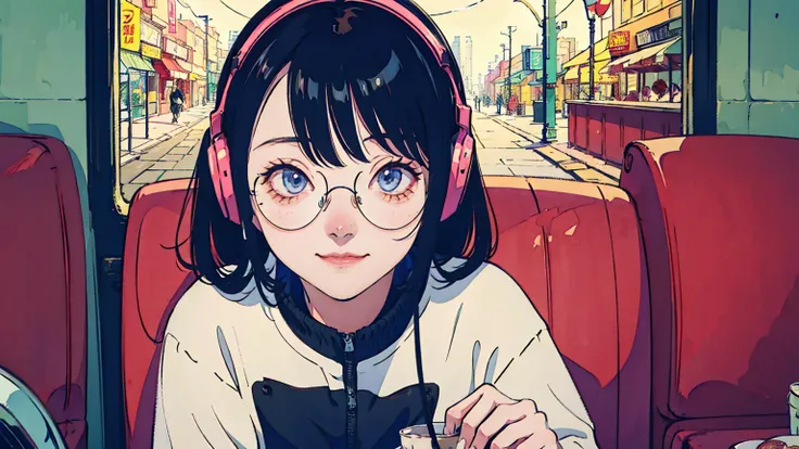 anime　girl　Black Hair　Glasses　Show the whole picture　smile　Diner　Headphones　 semi-long