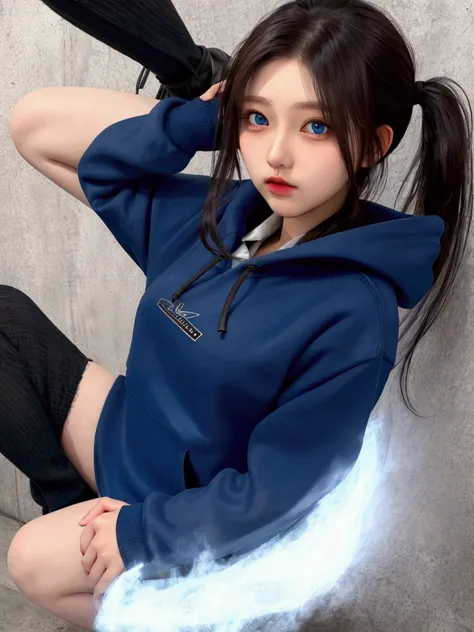 1 girl in a black hoodie, solo, Long Hair, blue eyes, Brown Hair,  Japanese Women