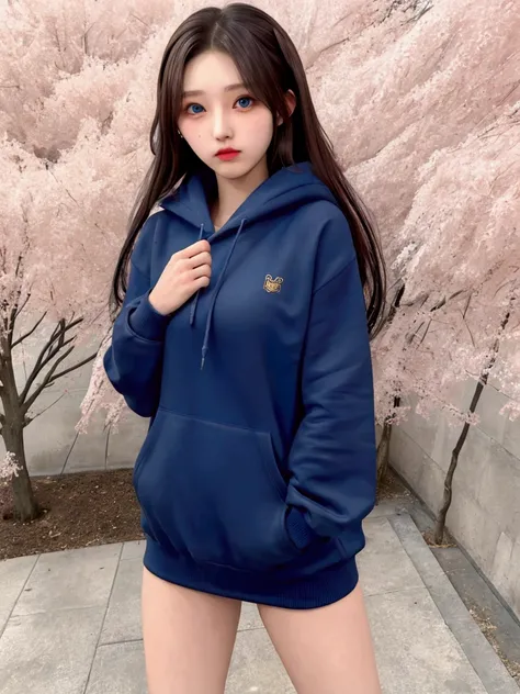 1 girl in a black hoodie, solo, Long Hair, blue eyes, Brown Hair,  Japanese Women