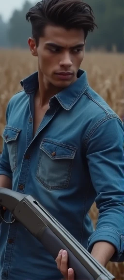 A 20-year-old Thai-Austrian man with a handsome and stylish body, wearing a blue jeans shirt, holding a shotgun and pretending to shoot it, in a corn field at night.