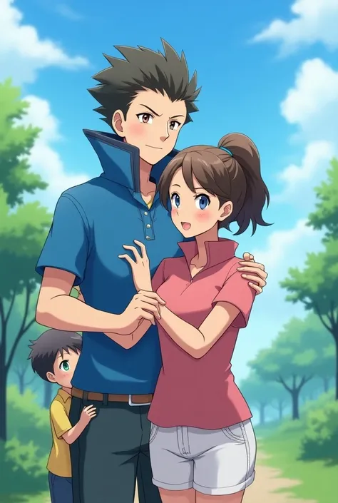 Anime Male Pokemon Trainers wearing a Massive Blue Popped Collar Polo thats taller than his head. He is with hugging his MILF she is wearing a Pink Polo while adjusting her sons Collar 