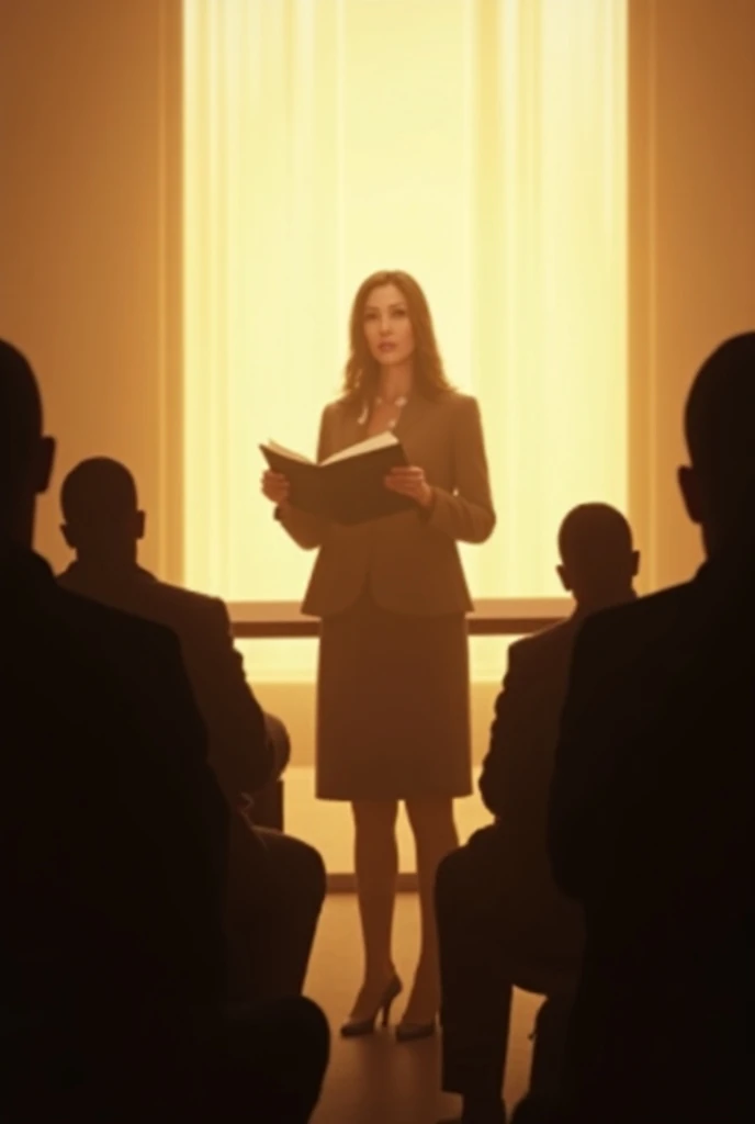 Woman holding a manuscript and reading it aloud 。 people are silhouettes in a bright conference room