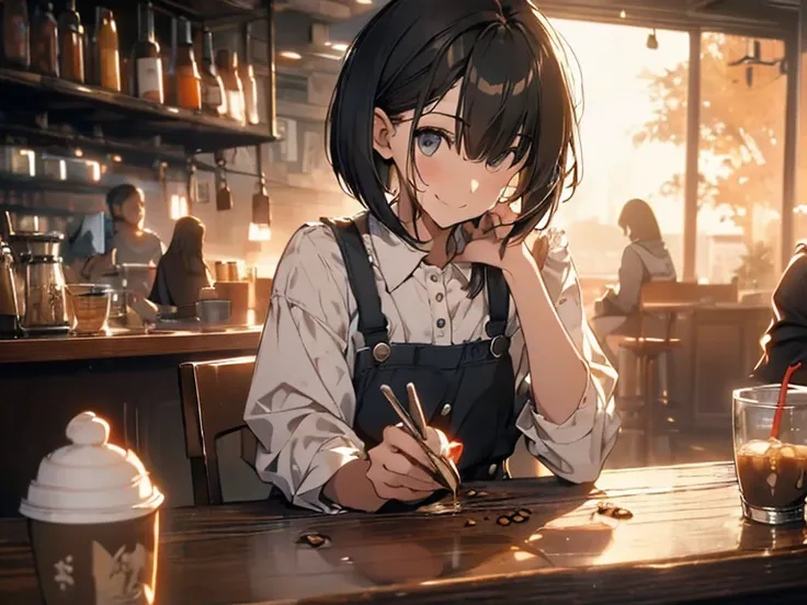 Best Quality, (1 person:2.0), Neutral Male,( flat chest:1.3), Black Hair , short bob hair holding noodles,Ruffled blouse,Pinafore,Big sneakers,Smiling Kindly,wind,smile,Portraiture, Drink coffee in a quiet cafe,sunset,autumn,Detailed cloth texture