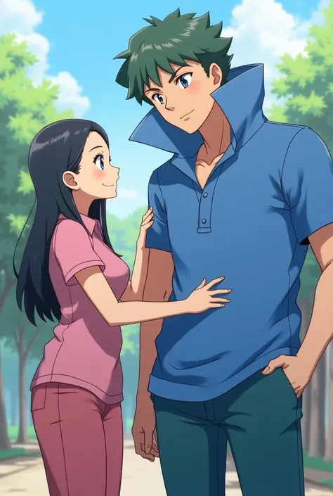 Anime Male Pokemon Trainers wearing a Massive Blue Popped Collar Polo thats taller than his head. He is with hugging his Sexy Mother she is wearing a Pink Polo while adjusting her sons Collar 