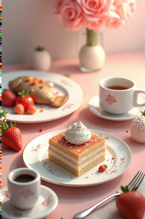  table with plate ,  on cake , On fish ,  on fish whipped cream,  next to it cup of coffee  