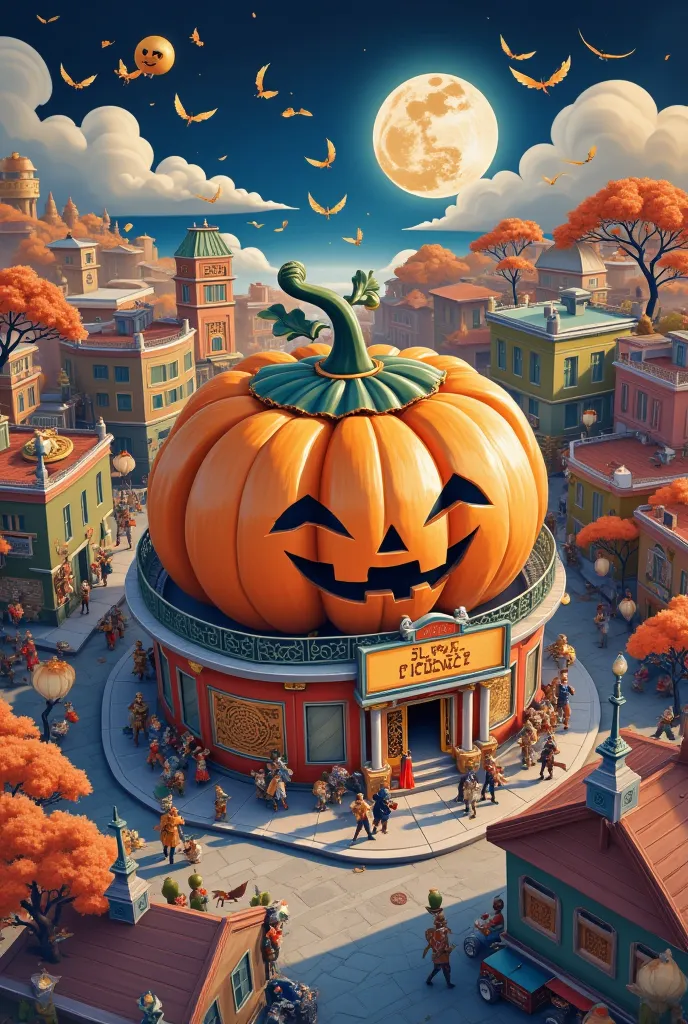 panoramic shot, master composition, isometric 45 degree angle, halloween city at night, the whole city is full of halloween atmo...