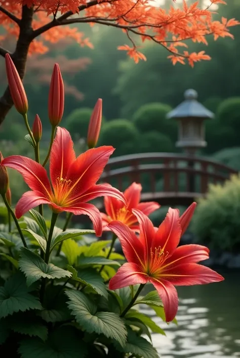  Red Lilies 、Japanese style、garden