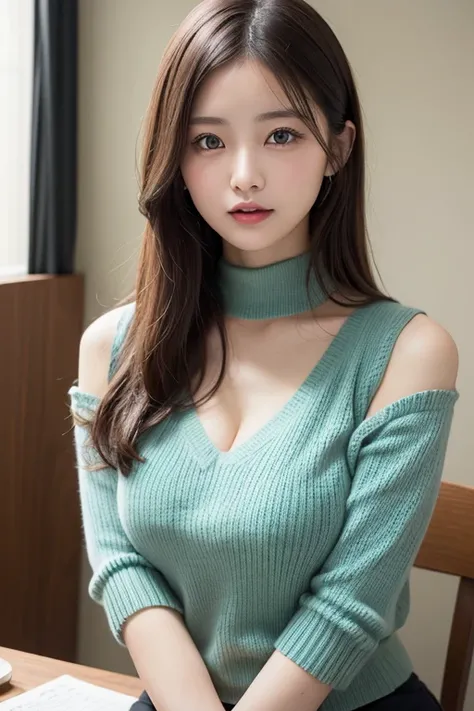  table top to cover upper arms,  Redeem, Realistic, finely,  High Resolution , 8k wallpaper,   Perfect Dynamic Composition , Beautiful and delicate eyes,  medium hair ,  Light Blue Knitted Sweater、Shoulders are exposed、Bold cleavage exposure、 Big, Fuller B...