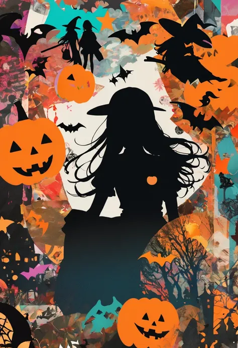 (masterpiece, best quality),(multiple exposure silhouette:1.2),
print collage depicting,teen girl,she is surrounded by halloween symbols,wearing halloween witch adorned,splash color, collage art, contemporary artistic collage,