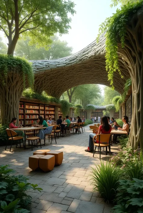  Creative images simulating outdoor libraries using recycled materials combined with green spaces.
 creating space for reading for rural people ,  people sitting reading books  , people listening to lectures .
 Emphasis on recycled materials for example br...