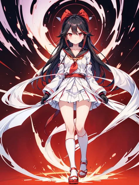 anime girl in white coat and black gloves standing in front of a red background, shirabii, flat anime style, gapmoe yandere, ryuko matoi, anime moe artstyle, yuyushiki, full body!!, full_body!!, attractive matoi ryuko, koyoharu gotouge, mai yoneyama, touho...