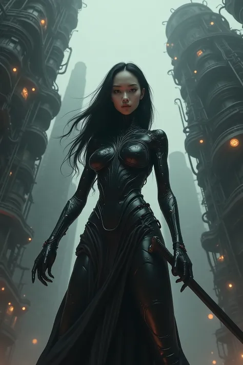 A cyborg woman with thick black hair, large face, and almond-shaped eyes, wielding a slightly curved thin sword, covered in a black liquid forming an organic bodysuit that covers her entire body up to her neck. Surrounded by towering biomechanical structur...