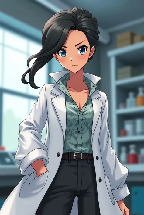 Anime Female Pokemon Professor wearing a Lab Coat and a Massive Popped Collar Blouse Shirt 