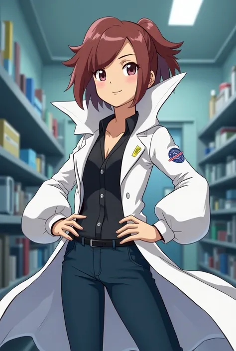 Anime Female Pokemon Professor wearing a Lab Coat and a Massive Popped Collar Blouse Shirt 