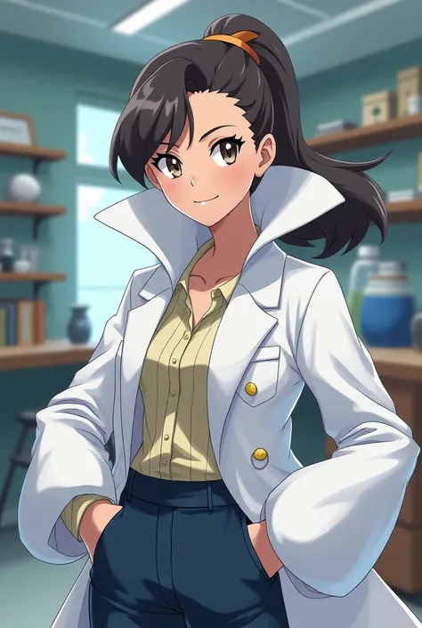 Anime Female Pokemon Professor wearing a Lab Coat and a Massive Popped Collar Blouse Shirt 