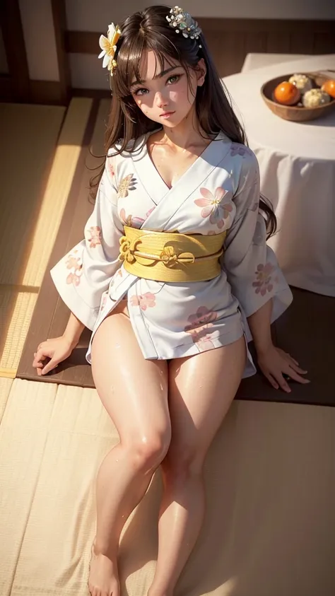  top quality masterpiece, very detailed , High Resolution ,(Realistic,photoRealistic:1.37), Excellent anatomy ,Beautiful woman,1, Sexy Idol,(Focus on the thighs:1.5),(No pants:1.6), Little Smiles ,(Sexy and cute:1.5),(Ultra-miniskirt white floral yukata:1....