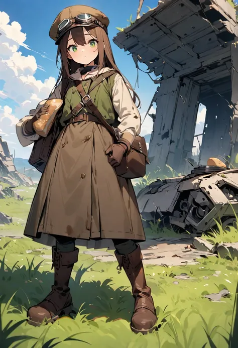 ((Best Quality)), ((masterpiece)), A Piece of Bread,Green Eyes, brown long hair ,Newsboy cap,Thick clothing,gloves, sturdy leather boots ,Shoulder bag , pilot goggles ,Ruins in disrepair,blue sky,grassland, big decayed robot