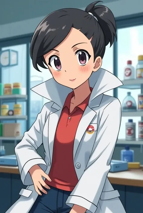 Anime Female Pokemon Professor wearing a Lab Coat and a Massive Popped Collar Polo 