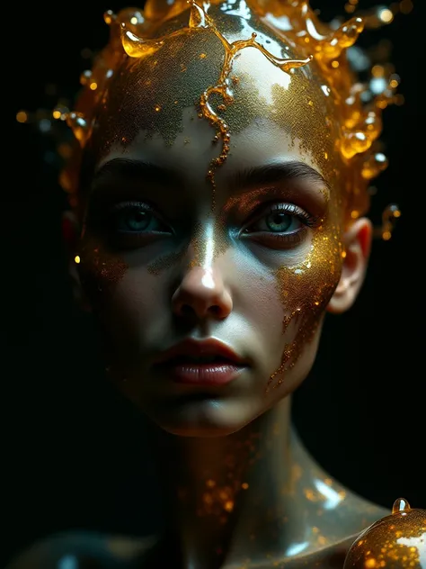 Portrait image of dark and gold Liquid life form,  forming female  humanoid face in a low-key light enviroment 