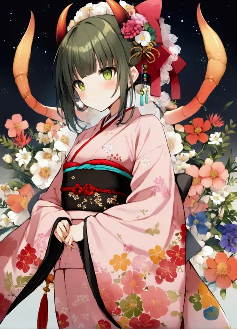 1girl,  kiyosp2st, horns, pink kimono, floral print, wide sleeves