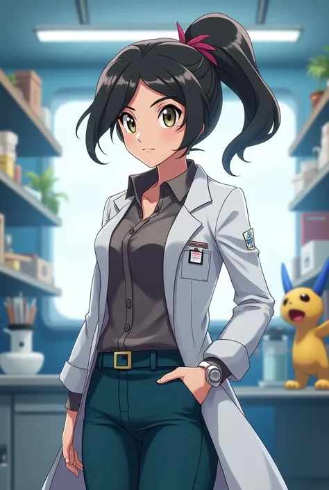 Anime Female Pokemon Professor wearing a Lab Coat and a upturned blouse collar 