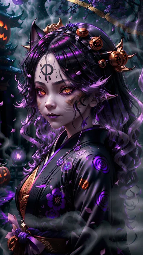 ((ethereal young woman:1.3) with ((flowing black hair with supernatural purple highlights:1.2), (elegant facial features:1.1), (mysterious golden eyes with vertical pupils:1.2))) BREAK ((ornate kimono-inspired Halloween dress:1.2) with ((gradient from deep...