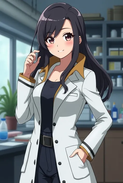 Anime Female Pokemon Professor wearing a Lab Coat and a Massive upturned blouse collar 