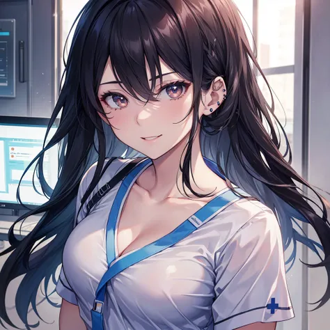 zoom out, Burst Out Laughing, hospital, clinic, wear scrubs, White or pale blue scrub clothing, a nurse aide, with long dark hair, piercing gaze, and a stern expression, smile, no cap, full body view, high resolution, detailed, anime-style illustration, be...