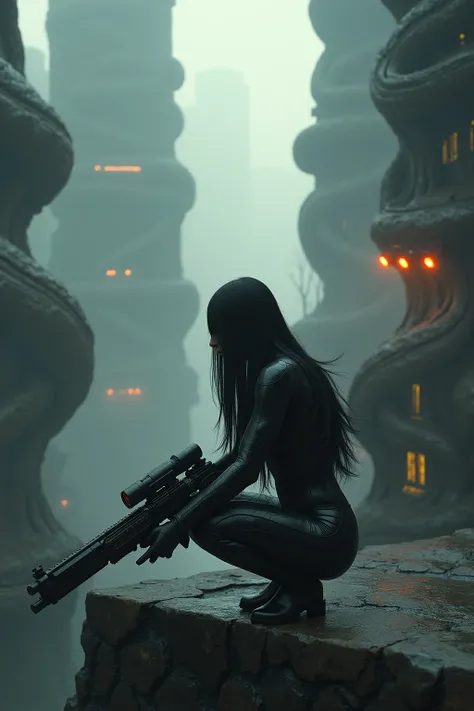 a woman with long black hair and broad face, crouching on ledges, holding a long-range biomechanical weapon covered in cables and rounded lines, wearing a black bodysuit enveloped in a liquid black substance forming organic spiral patterns, intense fog obs...