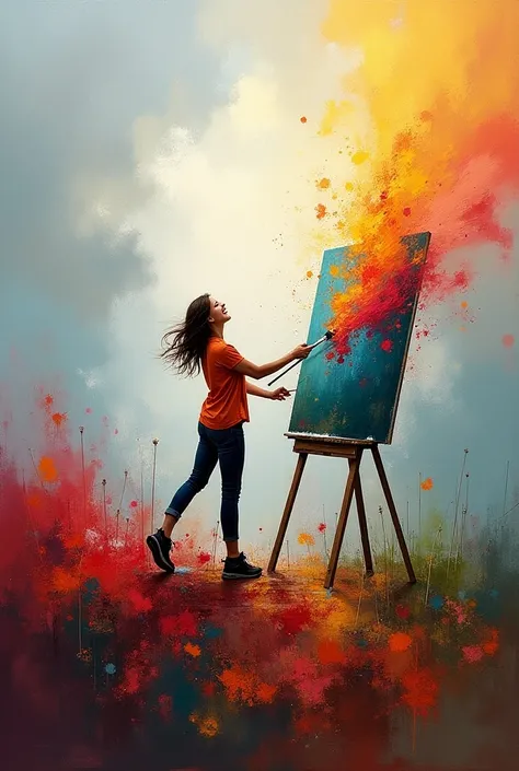 Vibrant abstract painting of a person painting colors of happiness over gray skies."