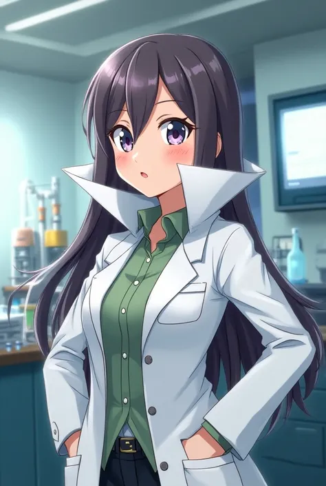 Anime Female Pokemon Professor wearing a Lab Coat and a Massive upturned blouse collar thats taller than her head