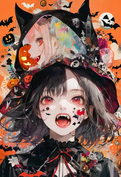 (masterpiece, best quality),(multiple exposure:1.2),
print collage depicting,teen girl,she is surrounded by halloween symbols,wearing halloween vampire costume,with vampire fangs,splash color, collage art, contemporary artistic collage,