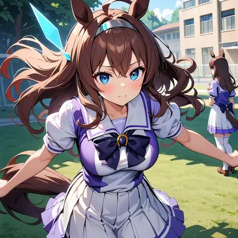 1 girl, Alone, (best quality, 4K, 8k:1.4), mihono bourbon (Uma Musume), brown long wavy hair, grey hairband, glowing hair ornament,horse ears, horse tail, light blue eyes, ahoge,toned, busty,closed mouth, expressionless, blushes,  textured skin, standing,L...