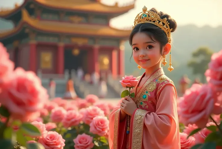 A young girl in traditional attire stands gracefully in a vibrant garden filled with pink roses. She wears an intricately designed golden crown and a stunning costume adorned with colorful gemstones and ornate patterns, reflecting a rich cultural heritage....