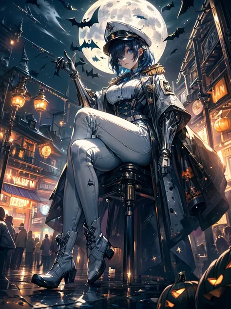 (Best Quality),Very detailed,Very detailed,One mechanical girl (1girl.alone:1.4)(Inside the theme park at night :1.6),(Serious expression:1.4)(military hat、 White Marshal Military Uniform Long Coat、White Shirt👔、White pants、white long boots:1.4)Army cap子、Bl...