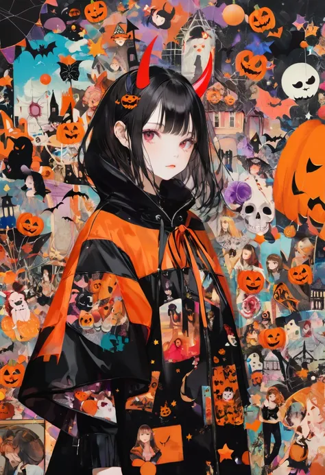 (masterpiece, best quality),(multiple exposure:1.2),
print collage depicting,teen girl,she is surrounded by halloween symbols,wearing halloween devil costume,with oni horns,splash color, collage art, contemporary artistic collage,