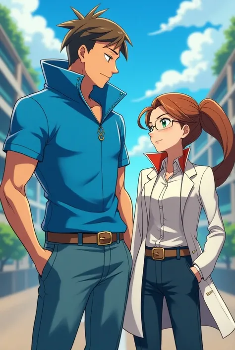 Anime Male Pokemon Trainers wearing a Massive Blue Popped Collar Polo thats taller than his head. He is standing with the Female Pokemon Professor wearing a Lab Coat and a Massive Popped Collar Blouse Shirt