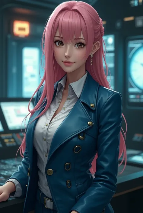   Battleship Command Room  ,  Character Design  , Japanese Girls,Mech operator,portrait,  Pink long hair shawl  ,earrings,Smile,Small Mouth,Chest,detail, masterpiece, white collar,Blue leather jacket  , Movie lighting effect , portrait photography, 