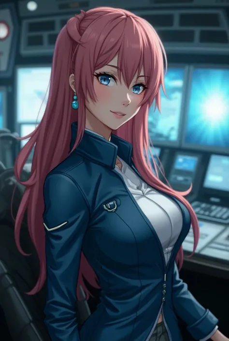   Battleship Command Room  ,  Character Design  , Japanese Girls,Mech operator,portrait,  Pink long hair shawl  ,earrings,Smile,Small Mouth,Chest,detail, masterpiece, white collar,Blue leather jacket  , Movie lighting effect , portrait photography, 