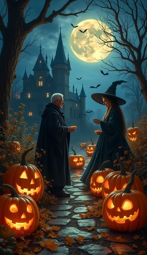 （masterpiece、high quality、High image quality、4K、8k、 Details）、 Rembrandt Halloween with emphasized scenery and shadows 、 realistic jack-o-lanterns lined up 、 beautiful witch and nice guy Dracula enjoy card games、 Strangely glowing castle garden 、 full moon ...