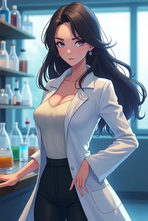 Anime Sexy Female Pokemon Professor wearing a Lab Coat and a Massive Popped Collar Blouse Shirt 