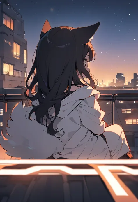 flat illustration,anime,1 shota,small ,black hair,long hair,choker, (Fluffy Wolf Ears ), ( Fluffy Tails ), ( Wearing a Futuristic White Jacket with the Hood Down), ( Wearing Futuristic Pants),  Rooftop Scenery of Building , at night,  Sit on the Edge of a ...