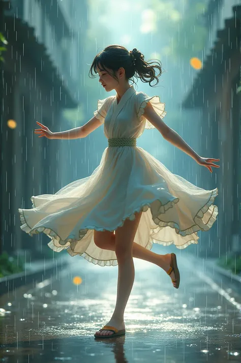 A girl in rain dancing anime